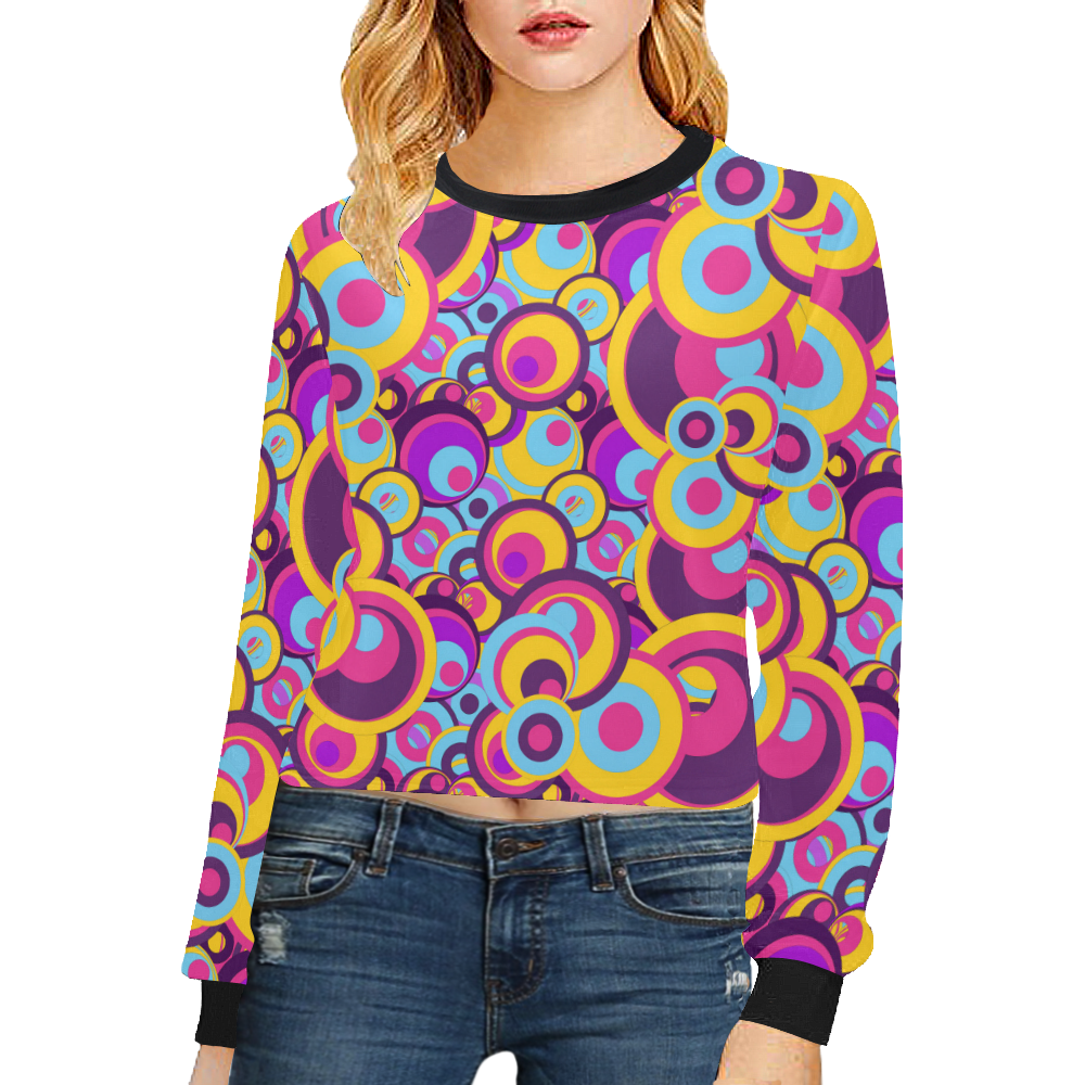 Retro Circles Groovy Violet, Yellow, Blue Colors Crop Pullover Sweatshirts for Women (Model H20)