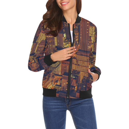 NYC LARGE All Over Print Bomber Jacket for Women (Model H19)