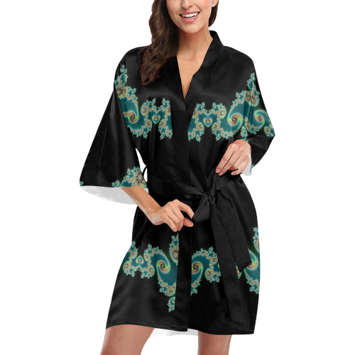 Aqua and Black  Hearts Lace Fractal Abstract Kimono Robe