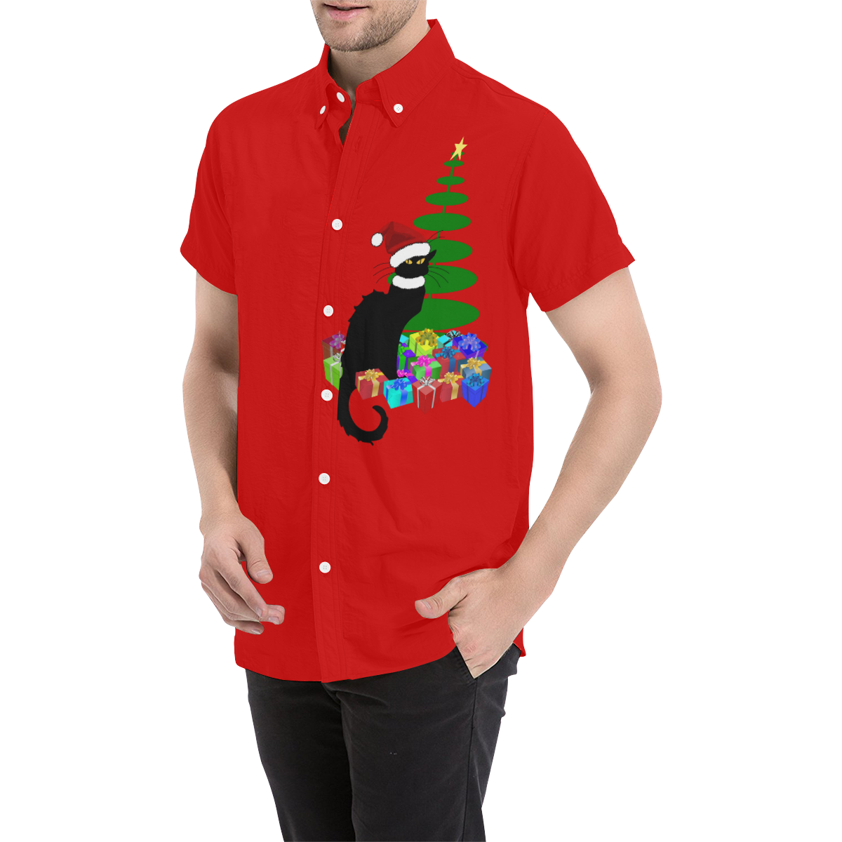 Christmas Le Chat Noir with Santa Hat Men's All Over Print Short Sleeve Shirt (Model T53)