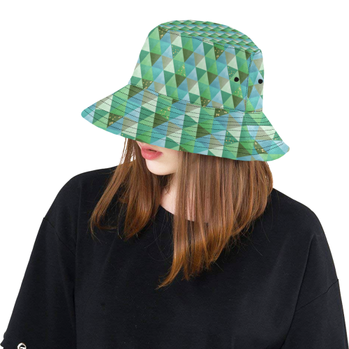 Triangle Pattern - Green Teal Khaki Moss All Over Print Bucket Hat