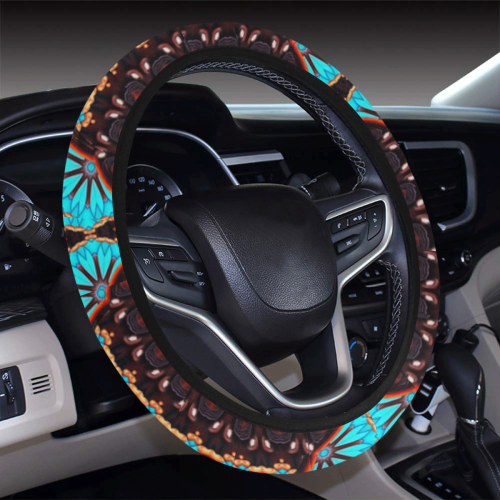K172 Wood and Turquoise Abstract Pattern Steering Wheel Cover with Elastic Edge