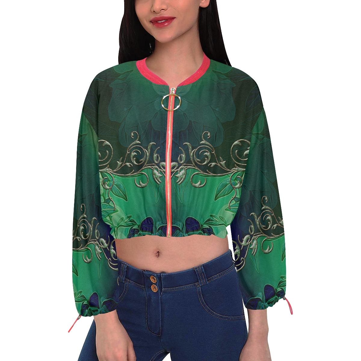 Green floral design Cropped Chiffon Jacket for Women (Model H30)
