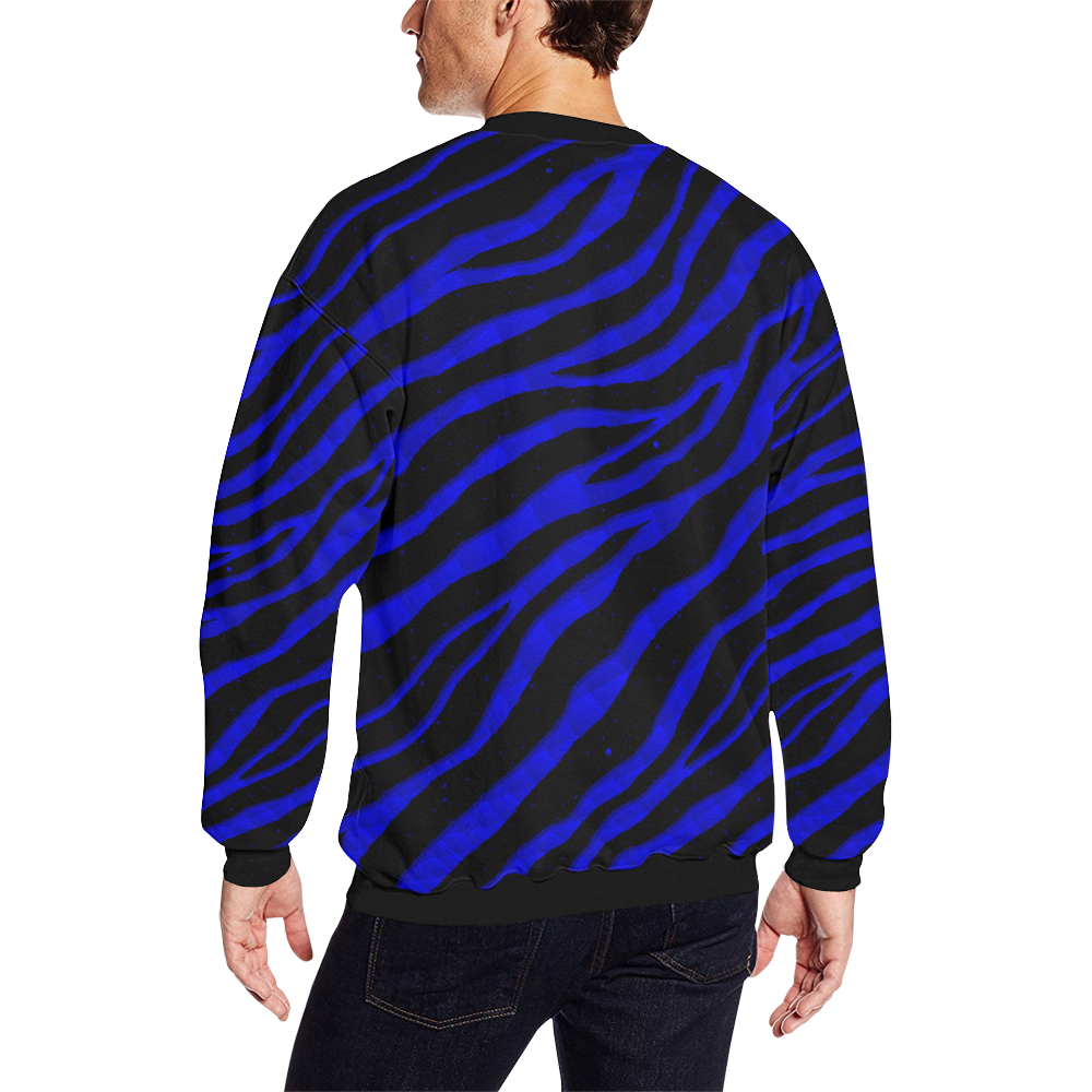 Ripped SpaceTime Stripes - Blue Men's Oversized Fleece Crew Sweatshirt (Model H18)