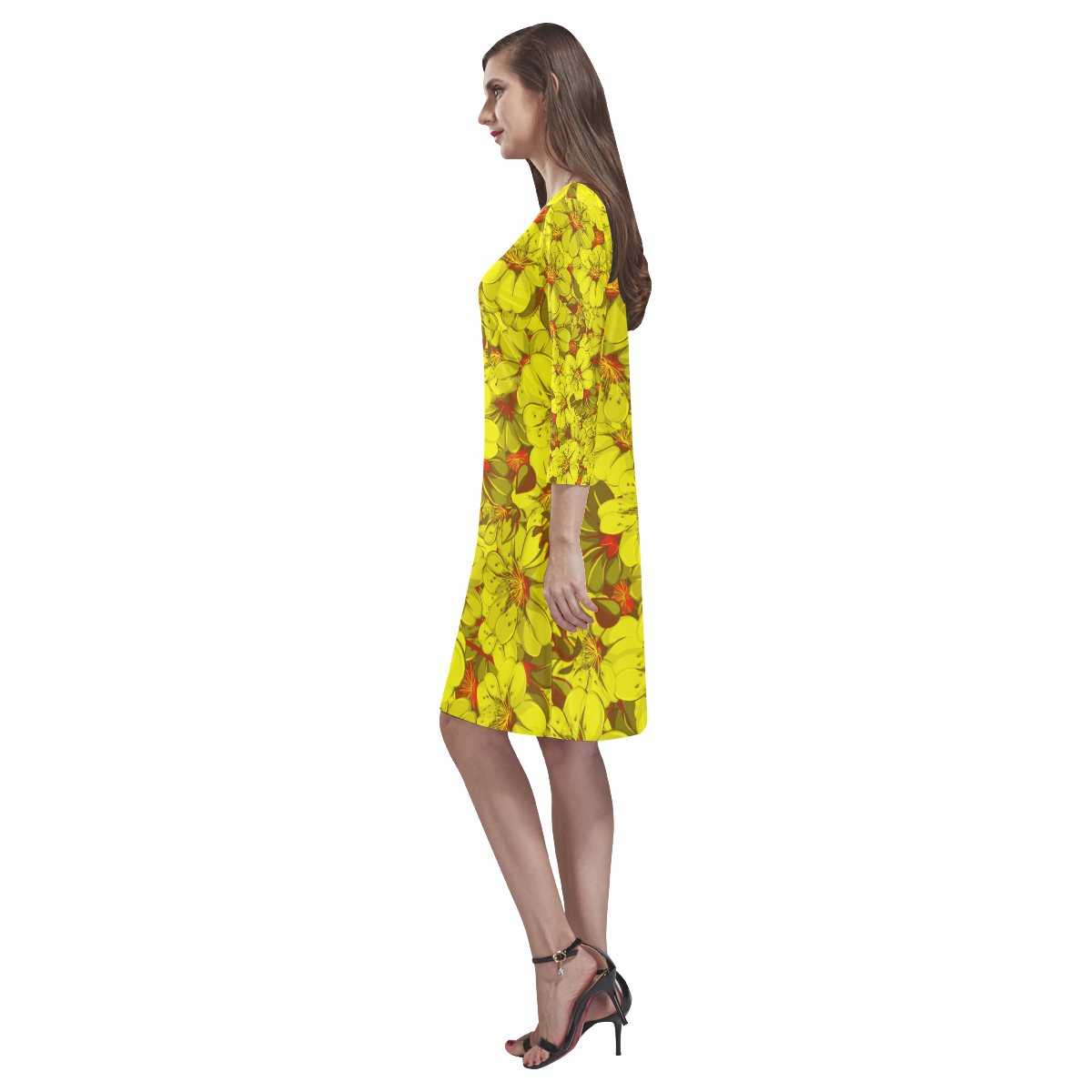 Yellow flower pattern Rhea Loose Round Neck Dress(Model D22)