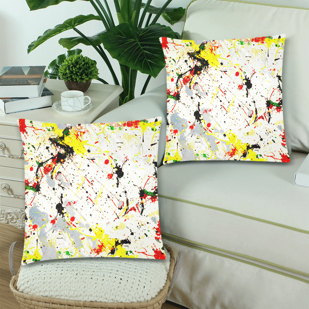 Yellow & Black Paint Splatter Custom Zippered Pillow Cases 18"x 18" (Twin Sides) (Set of 2)
