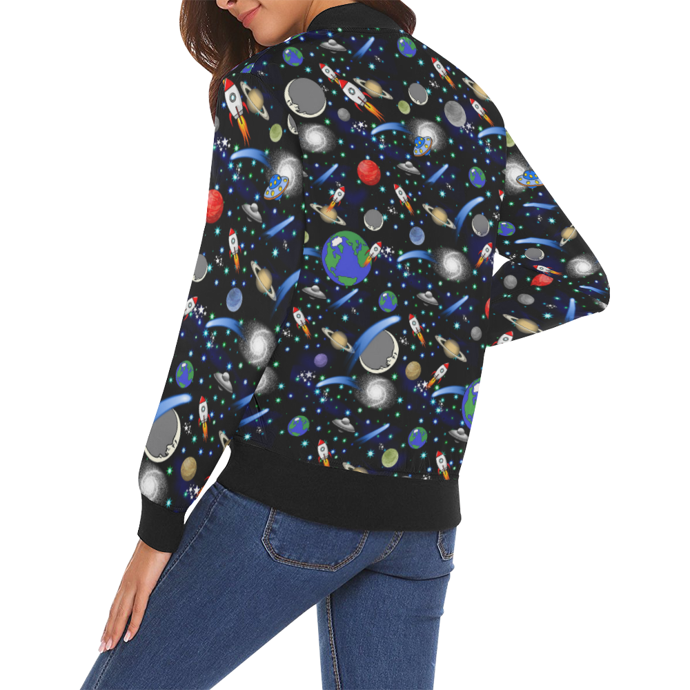 Galaxy Universe - Planets, Stars, Comets, Rockets All Over Print Bomber Jacket for Women (Model H19)