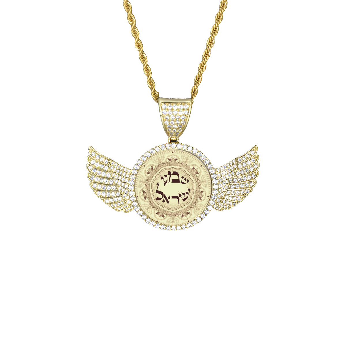 shema Israel2 Wings Gold Photo Pendant with Rope Chain