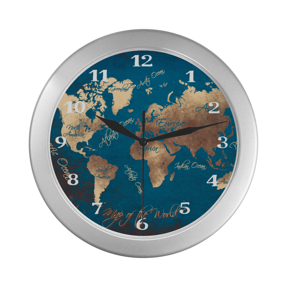 world map watch 6 Silver Color Wall Clock