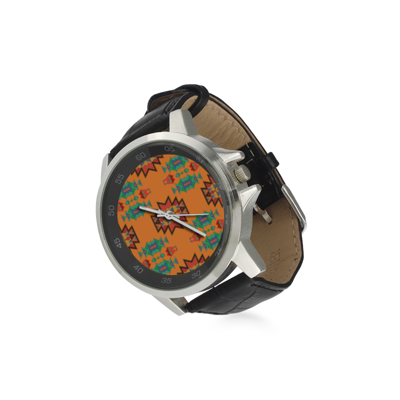 Misc shapes on an orange background Unisex Stainless Steel Leather Strap Watch(Model 202)