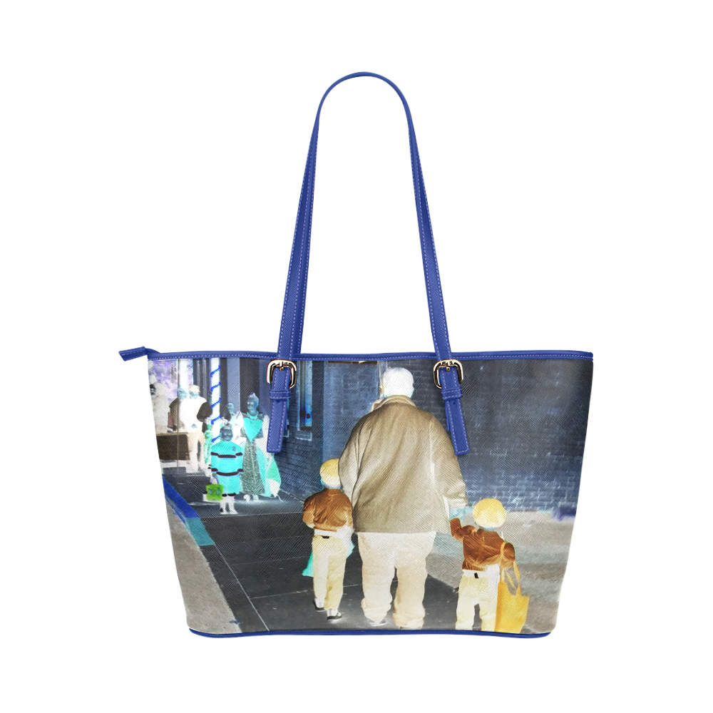 Ghosts roaming the street blue Leather Tote Bag/Small (Model 1651)