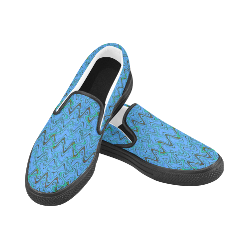 Blue Green and Black Waves pattern design Men's Slip-on Canvas Shoes (Model 019)
