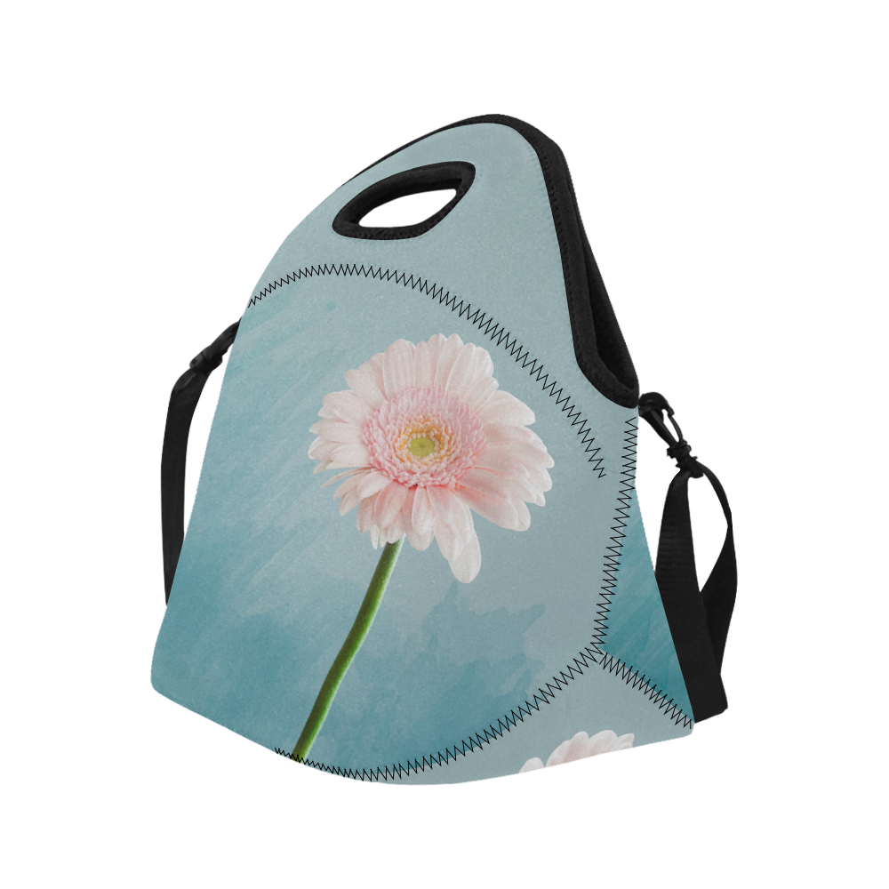 Gerbera Daisy - Pink Flower on Watercolor Blue Neoprene Lunch Bag/Large (Model 1669)