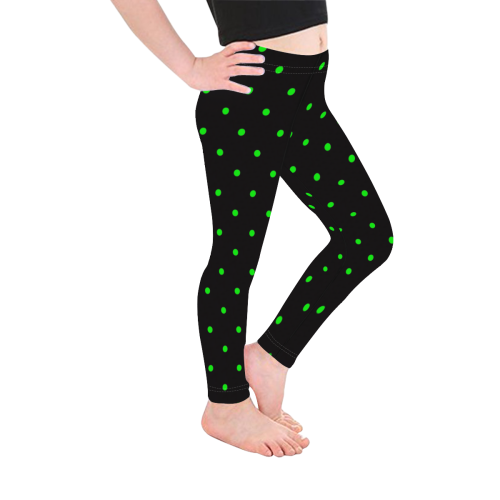 Green Polka Dots on Black Kid's Ankle Length Leggings (Model L06)