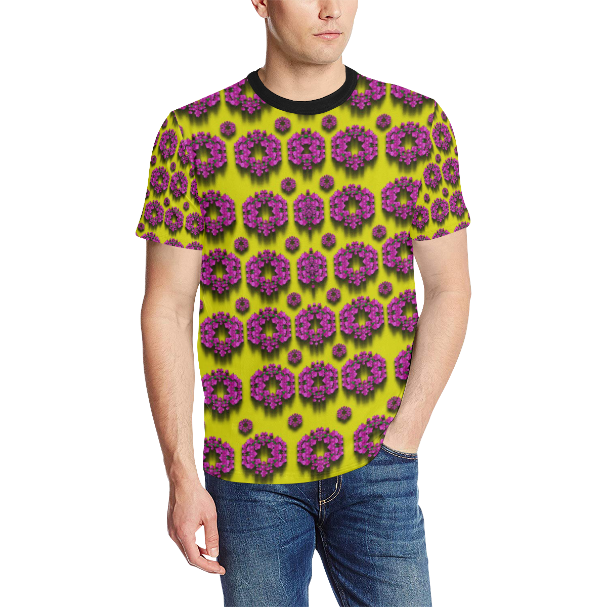 flower wreaths in ornate Men's All Over Print T-Shirt (Solid Color Neck) (Model T63)