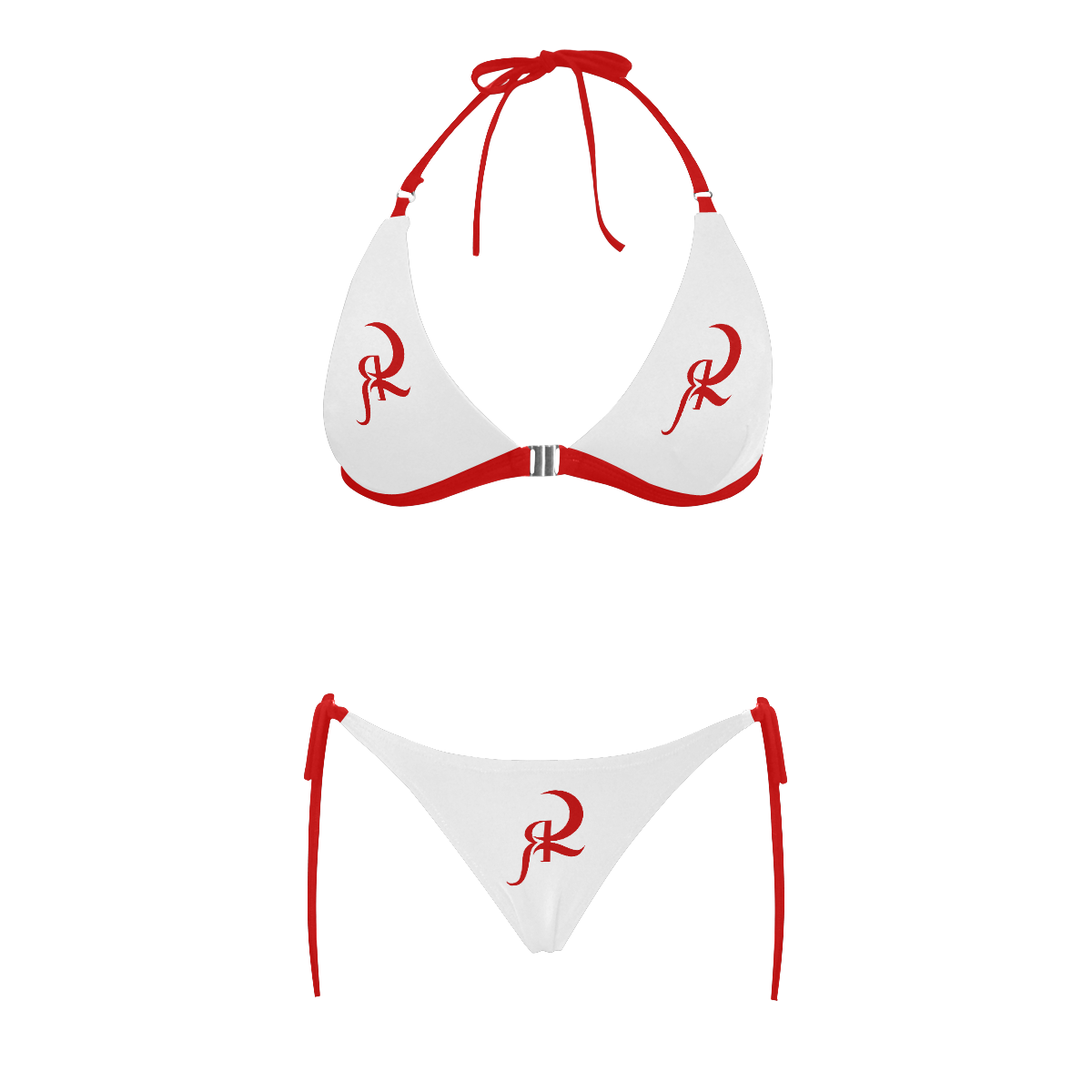 RED QUEEN SYMBOL RED & WHITE RED LINING Buckle Front Halter Bikini Swimsuit (Model S08)