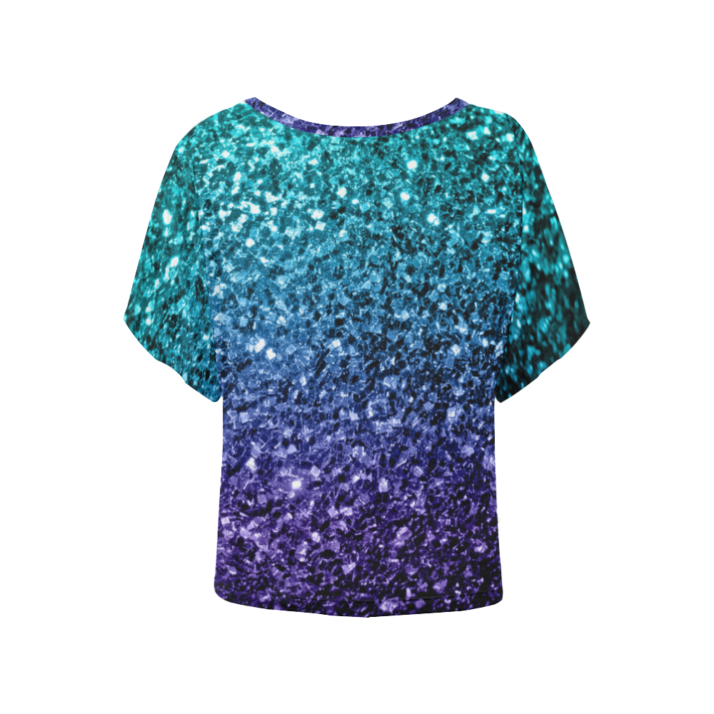 Beautiful Aqua blue Ombre glitter sparkles Women's Batwing-Sleeved Blouse T shirt (Model T44)