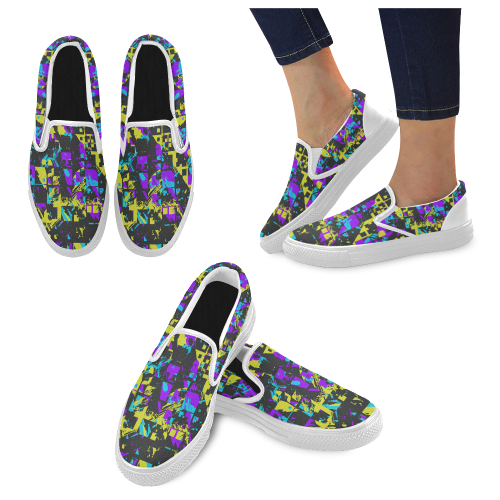 Purple yelllow squares Men's Unusual Slip-on Canvas Shoes (Model 019)