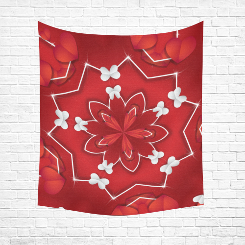 Love and Romance Red and White Hearts and Butterfl Cotton Linen Wall Tapestry 51"x 60"