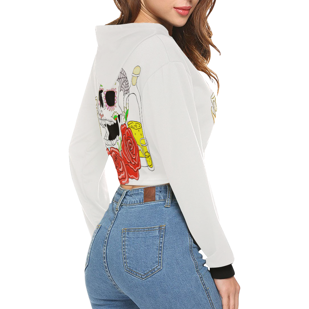 Day Of The Dead Sugar Skull White All Over Print Crop Hoodie for Women (Model H22)