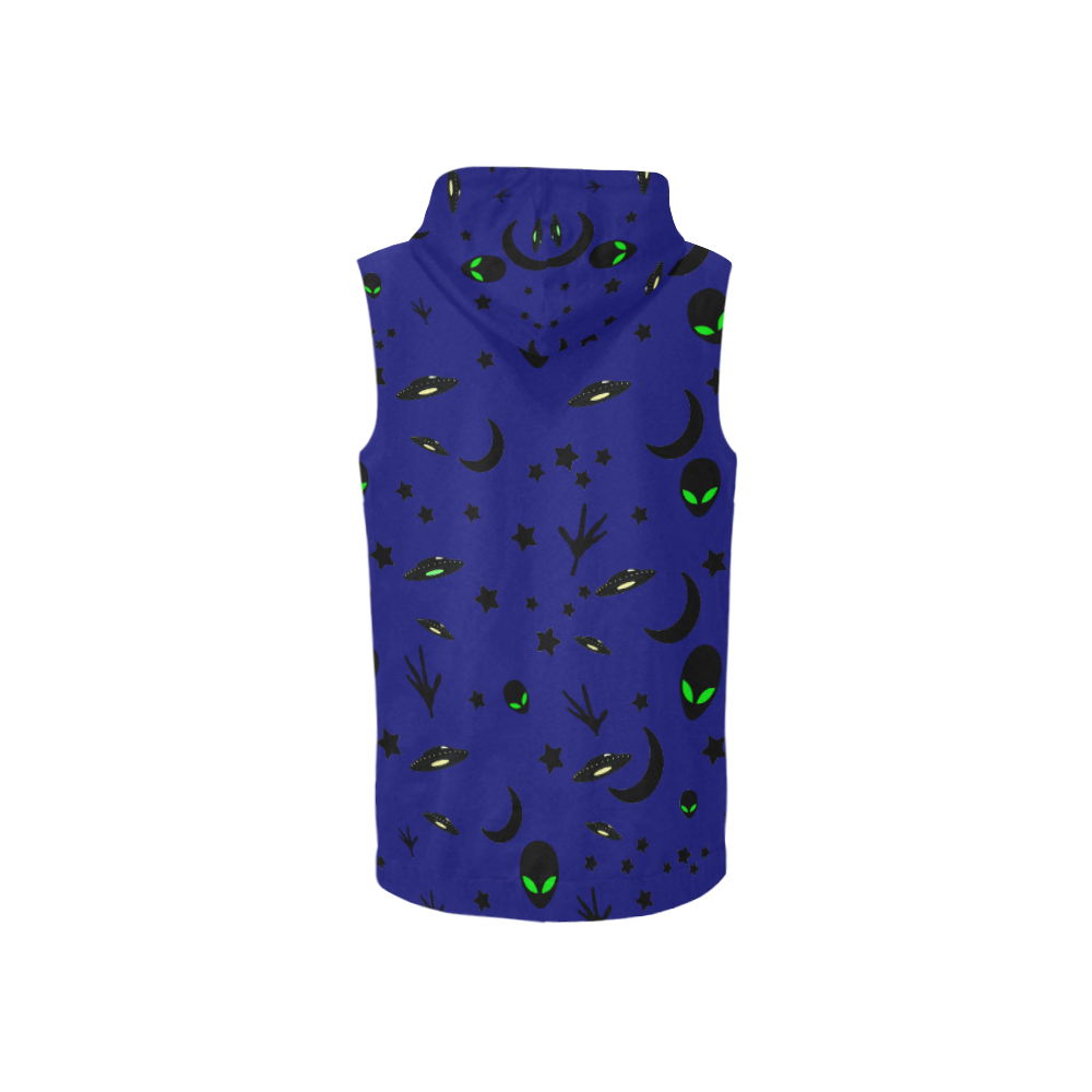 Alien Flying Saucers Stars Pattern on Blue All Over Print Sleeveless Zip Up Hoodie for Women (Model H16)