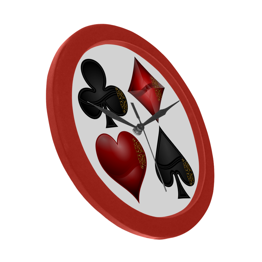 Las Vegas Black and Red Casino Poker Card Shapes  (White/Red Frame) Circular Plastic Wall clock