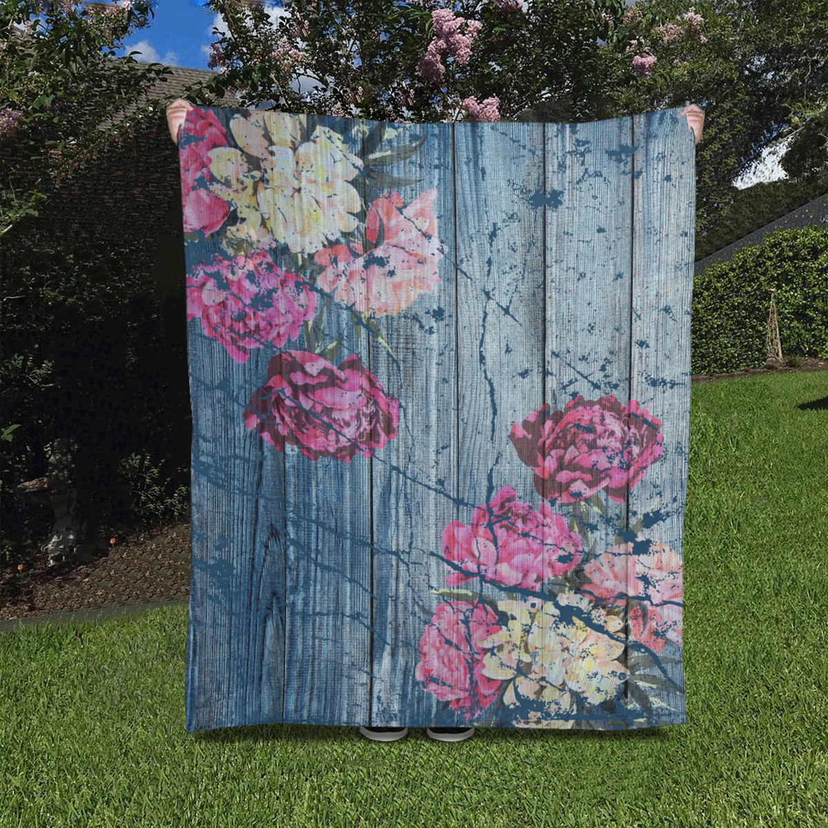 Shabby chic with painted peonies Quilt 50"x60"