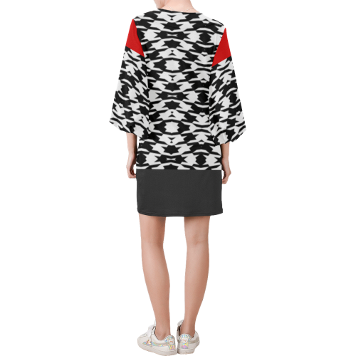 Modern Houndstooth (Black/White/Dark Gray/Red) Bell Sleeve Dress (Model D52)