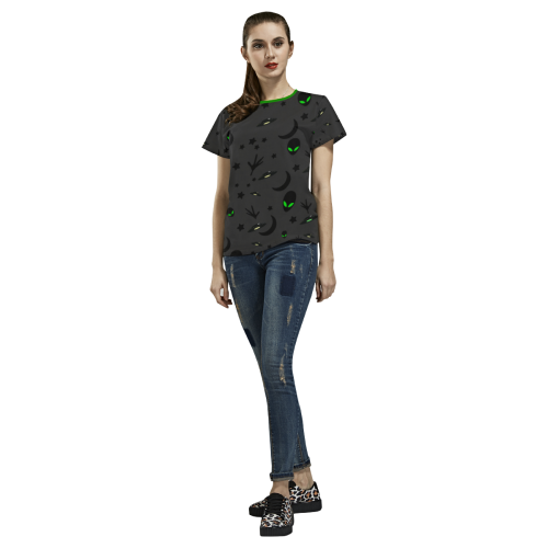 Alien Flying Saucers Stars Pattern on Charcoal/Green Trim All Over Print T-shirt for Women/Large Size (USA Size) (Model T40)
