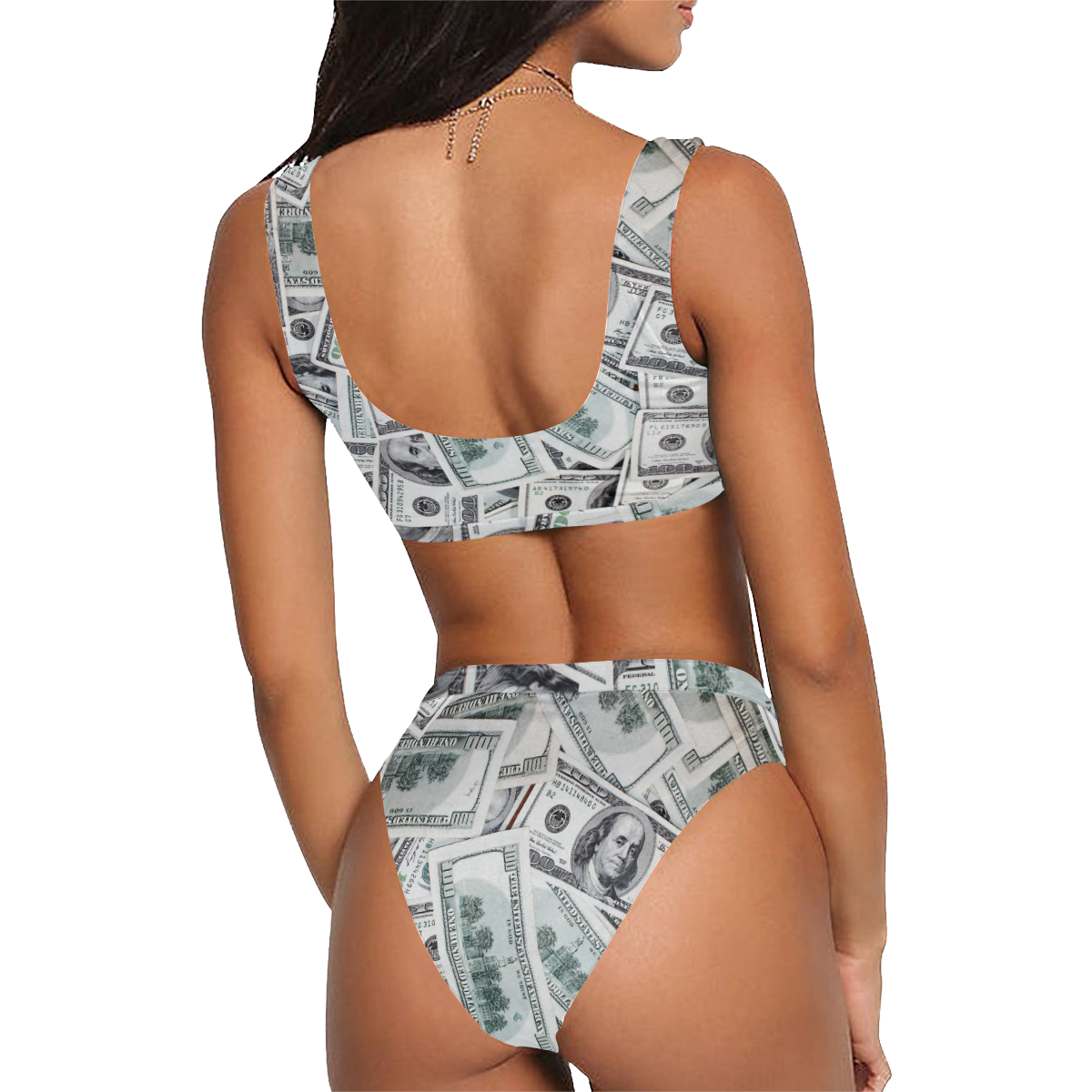 Cash Money / Hundred Dollar Bills Sport Top & High-Waisted Bikini Swimsuit (Model S07)