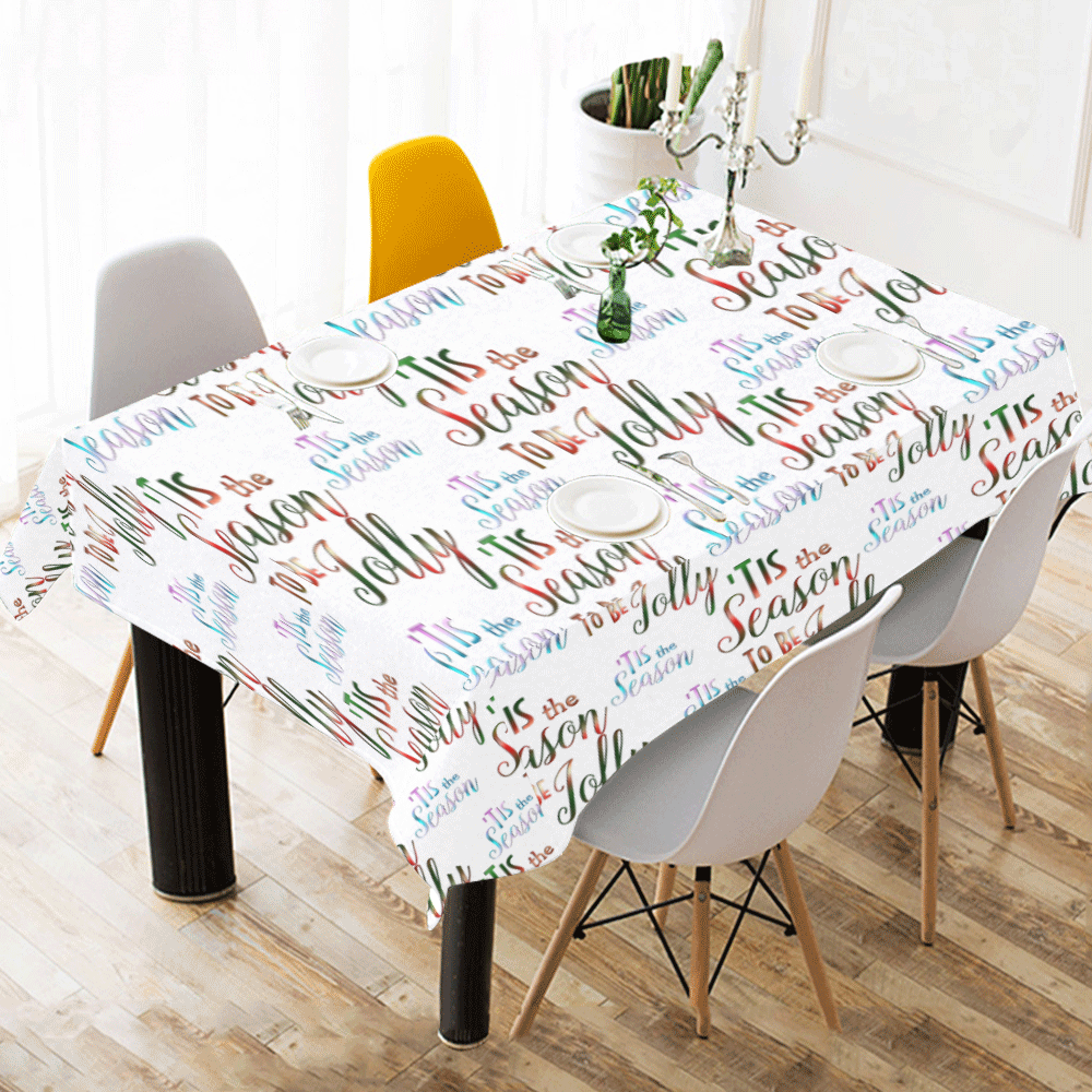 Christmas 'Tis The Season Pattern on White Cotton Linen Tablecloth 60" x 90"