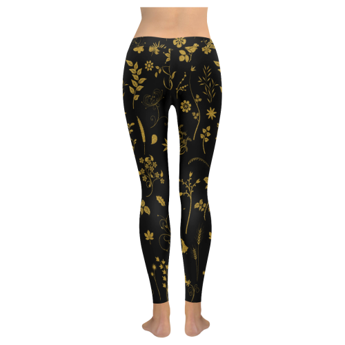 Ethno Floral Elements Pattern Gold 1 Women's Low Rise Leggings (Invisible Stitch) (Model L05)