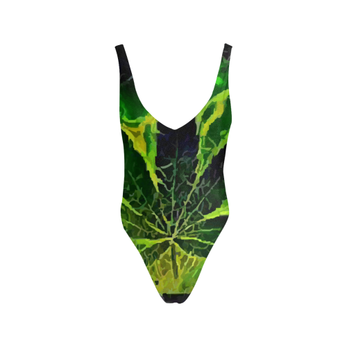 Acid Leaf (Black) Sexy Low Back One-Piece Swimsuit (Model S09)