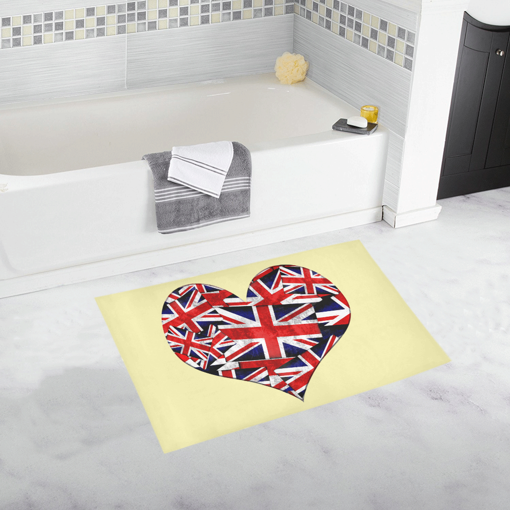 Union Jack British UK Flag Heart on Yellow Bath Rug 20''x 32''