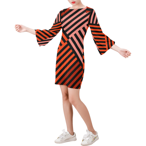 Diagonal Striped Pattern Bell Sleeve Dress (Model D52)