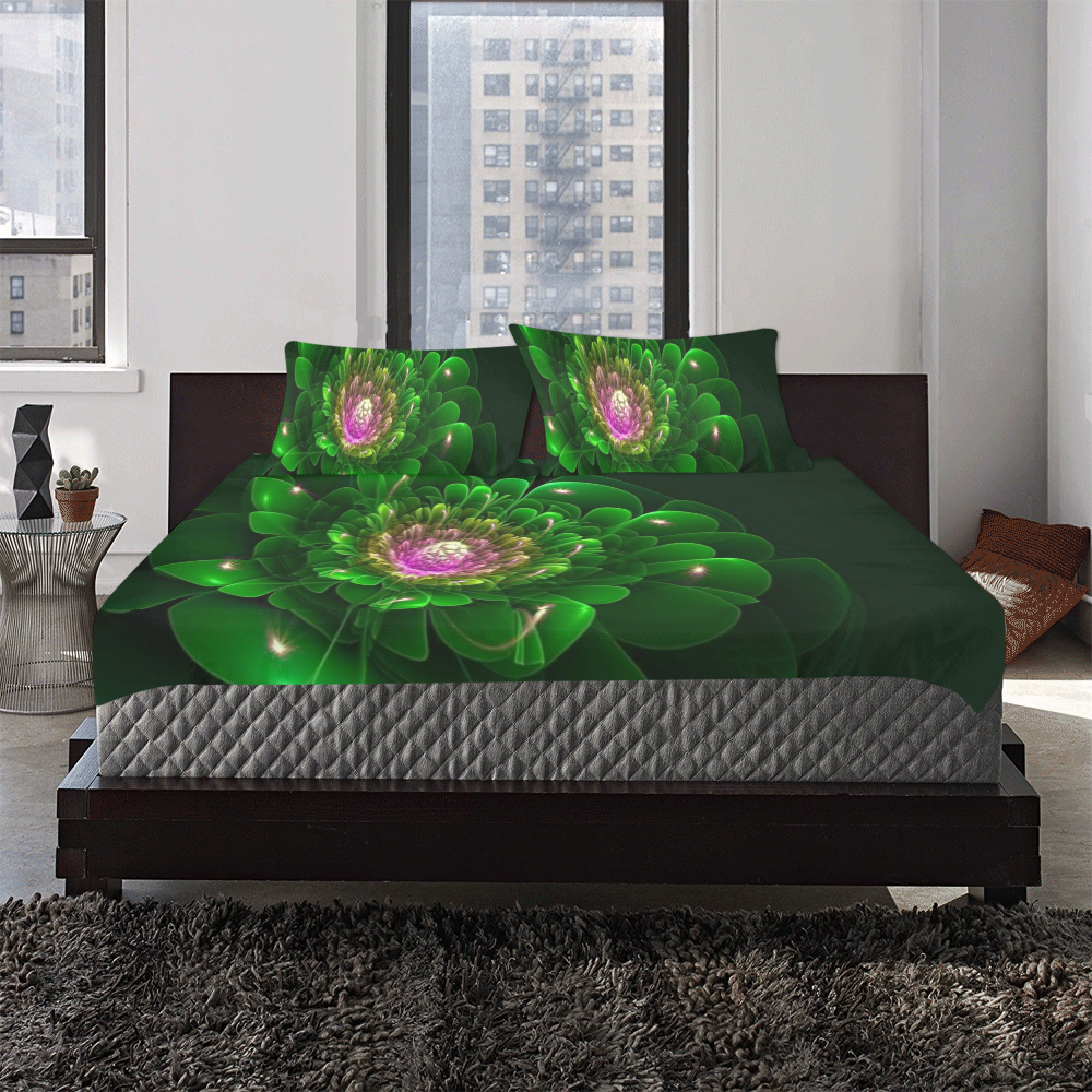 3D Green Flower 2 3-Piece Bedding Set