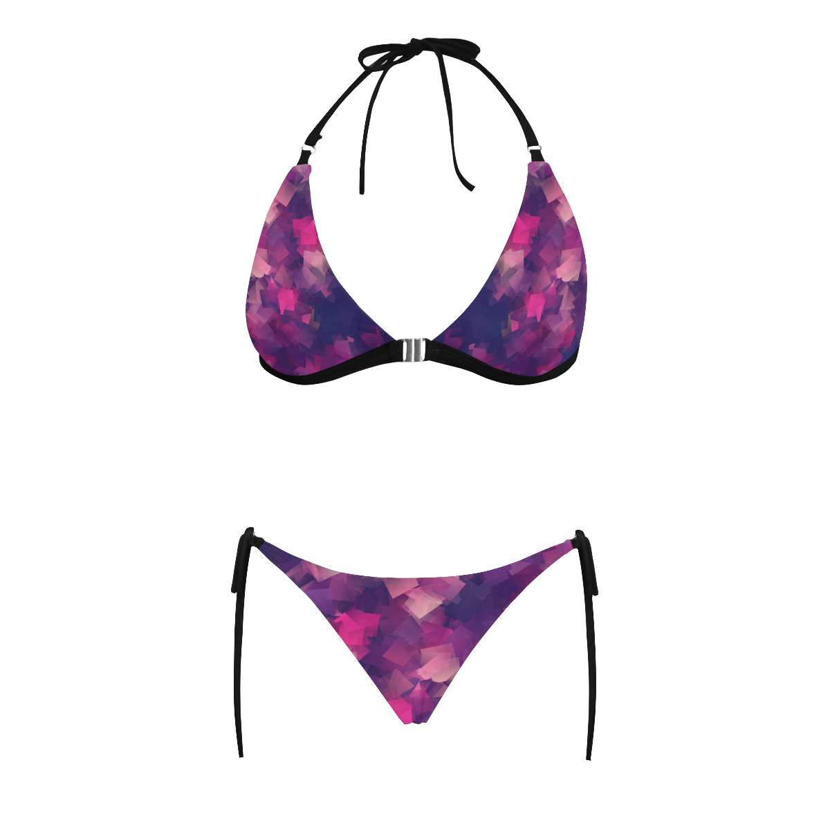 purple pink magenta cubism #modern Buckle Front Halter Bikini Swimsuit (Model S08)