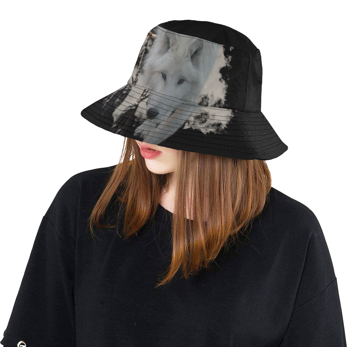 White Shaman Wolf with Dreamcatcher All Over Print Bucket Hat