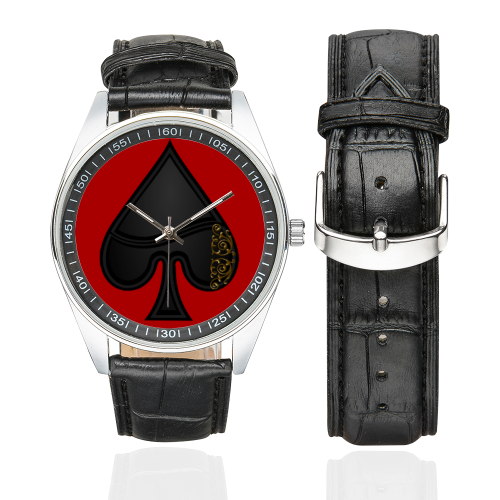 Spade Las Vegas Symbol Playing Card Shape (Red) Men's Casual Leather Strap Watch(Model 211)