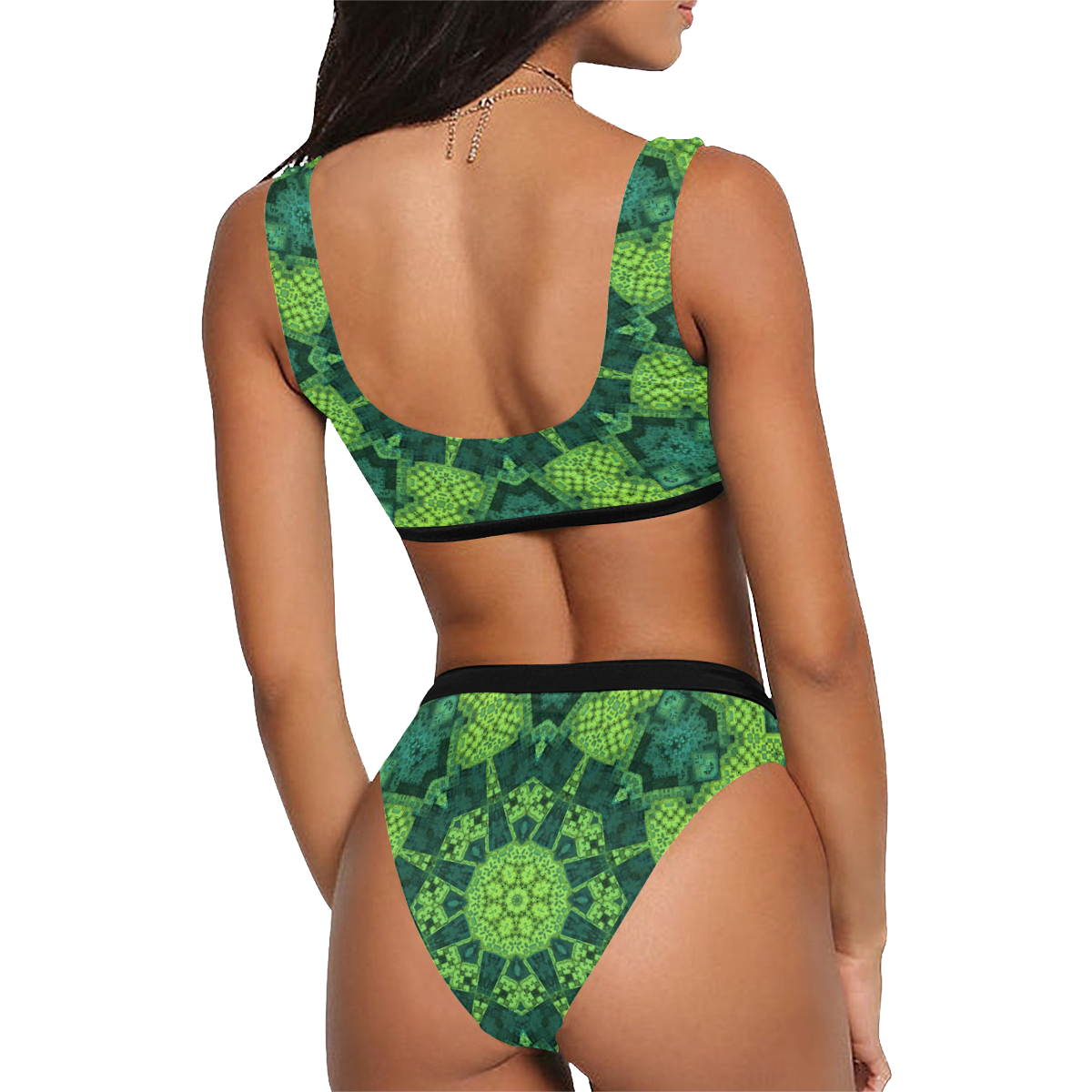 Green Mandala Sport Top & High-Waisted Bikini Swimsuit (Model S07)