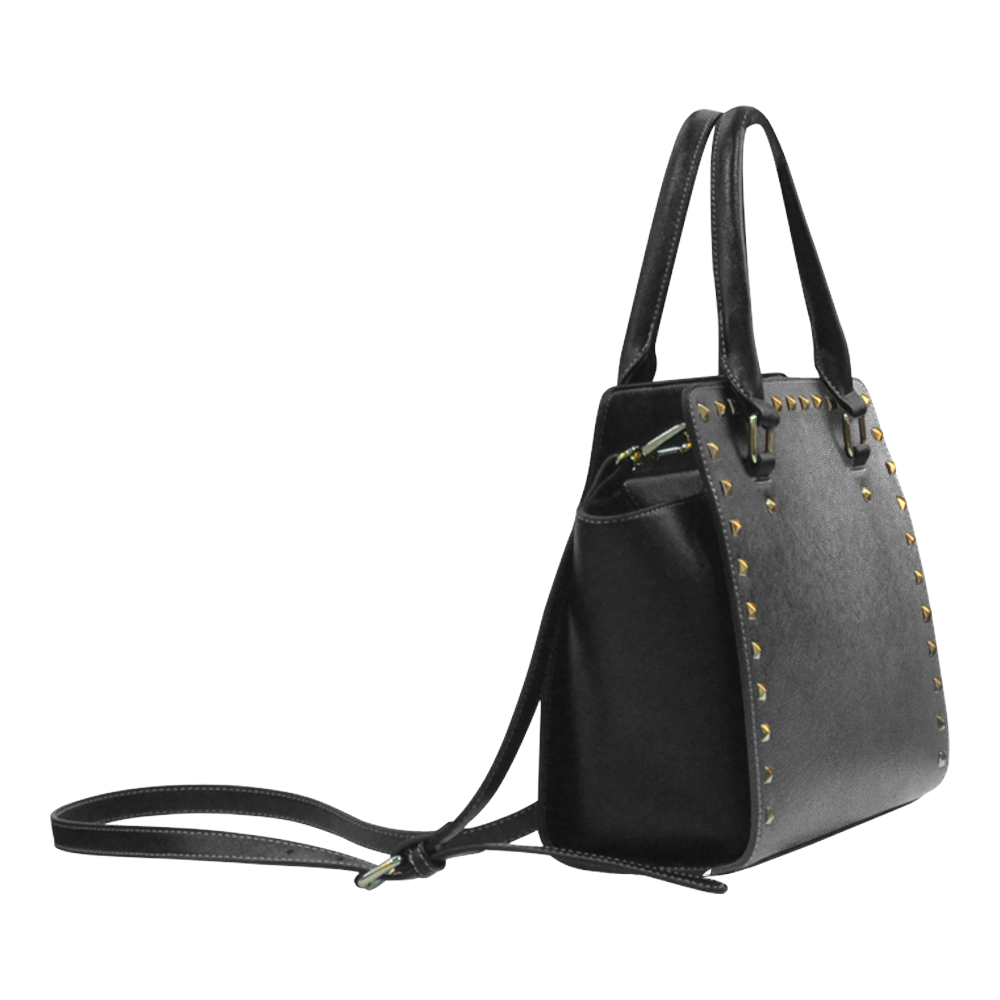 BLACK LEATHER 2 Rivet Shoulder Handbag (Model 1645)