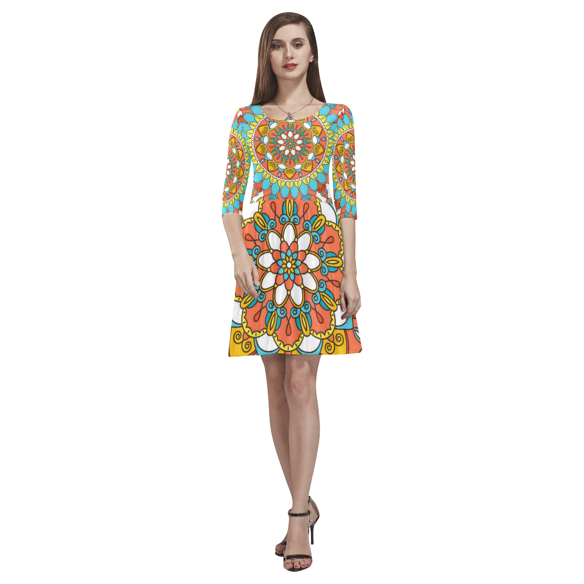 Colorful Indian Mandala Design Tethys Half-Sleeve Skater Dress(Model D20)