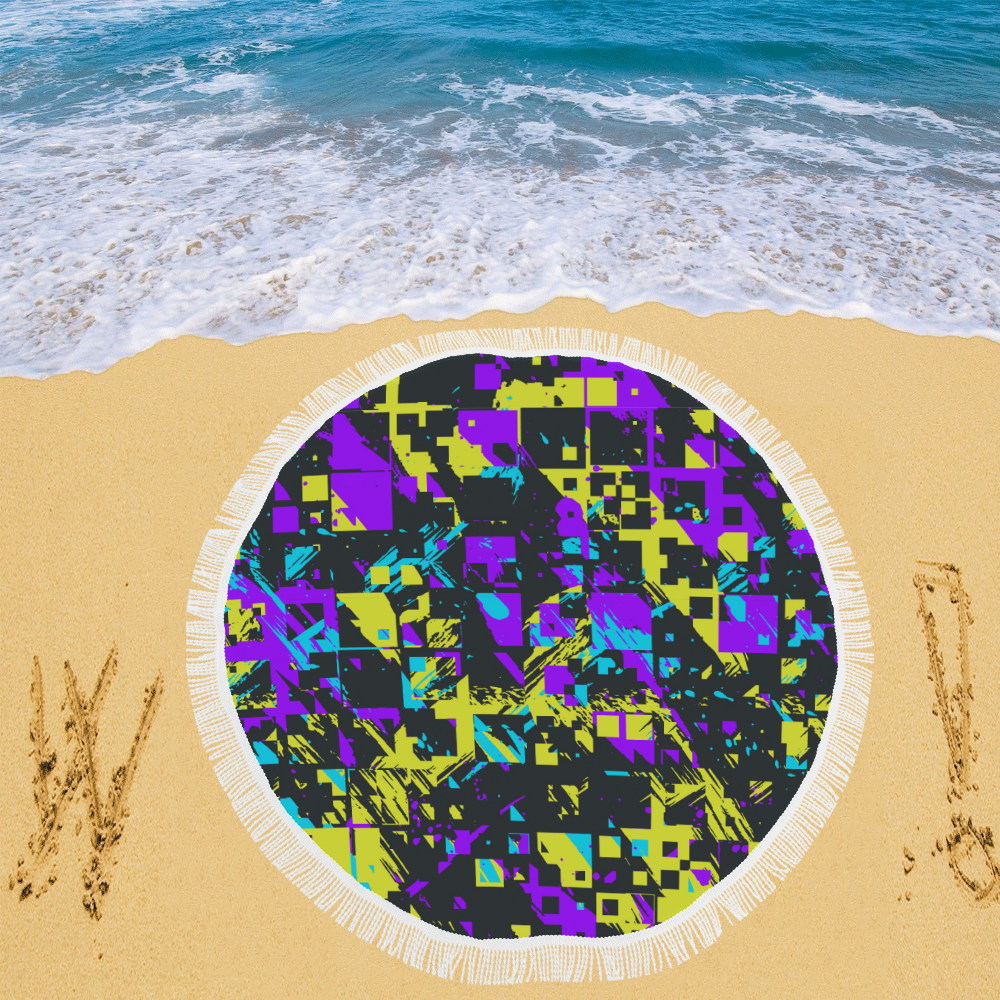 Purple yelllow squares Circular Beach Shawl 59"x 59"