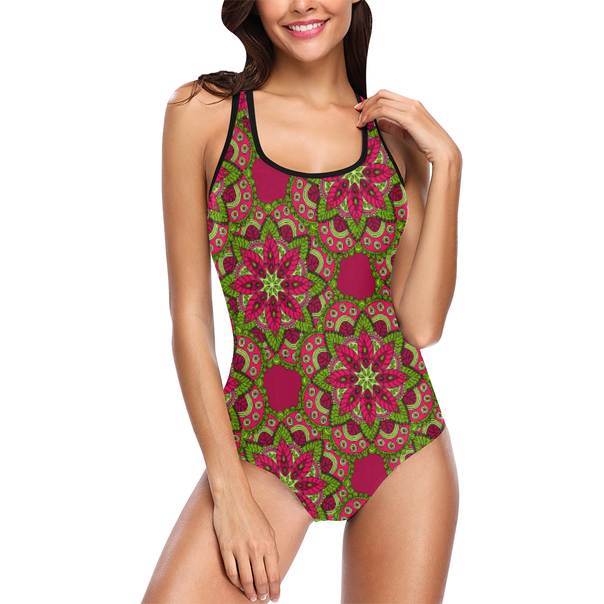 Burgundy Mandala Floral Vest One Piece Swimsuit (Model S04)