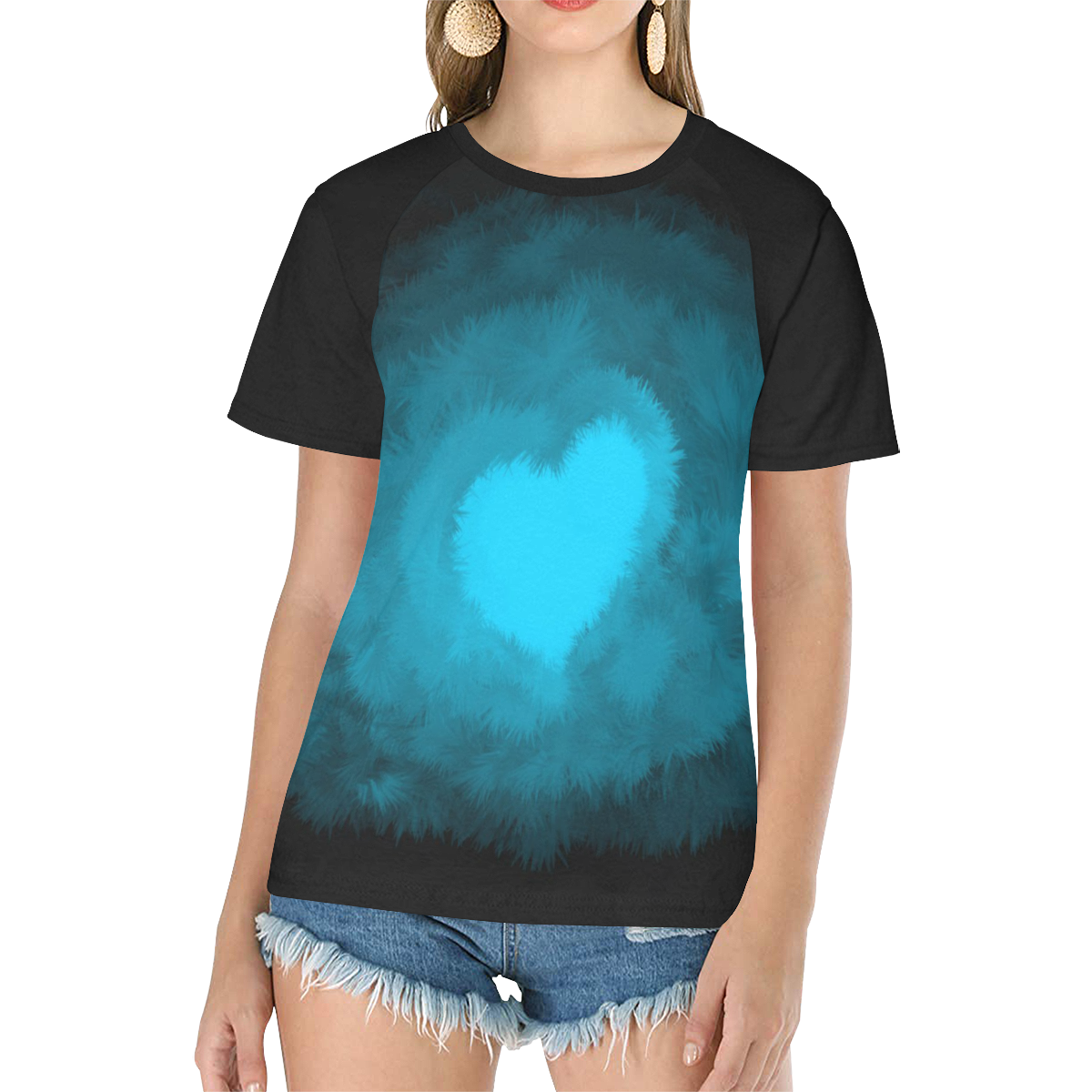 Blue Fluffy Heart, Valentine Women's Raglan T-Shirt/Front Printing (Model T62)
