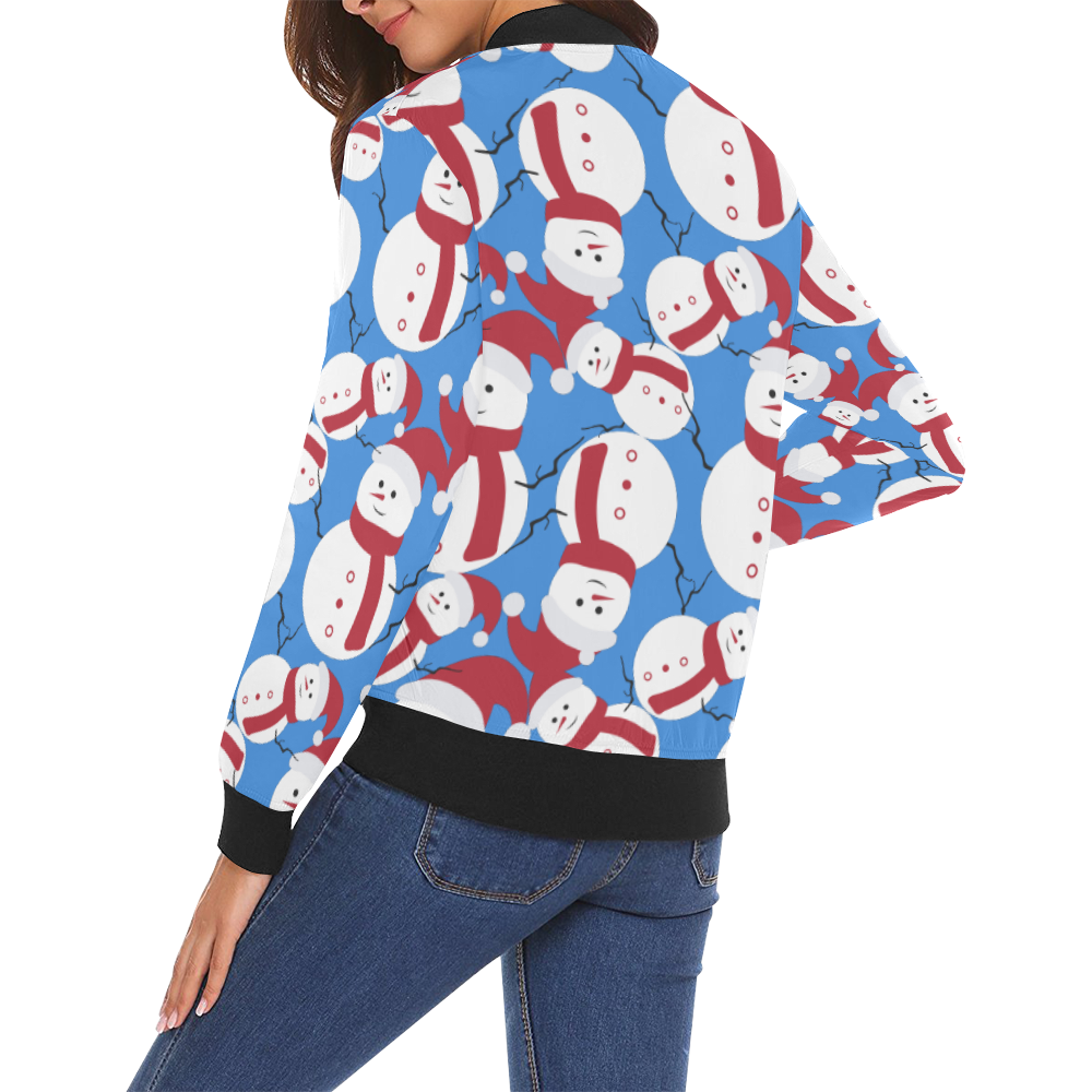 Snowman CHRISTMAS Pattern BLUE All Over Print Bomber Jacket for Women (Model H19)