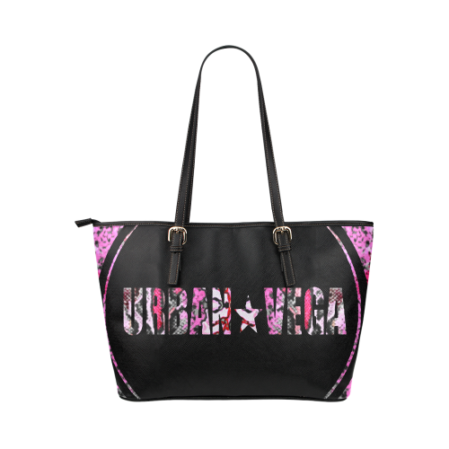 Black and pink with colorful logo name Leather Tote Bag/Large (Model 1651)
