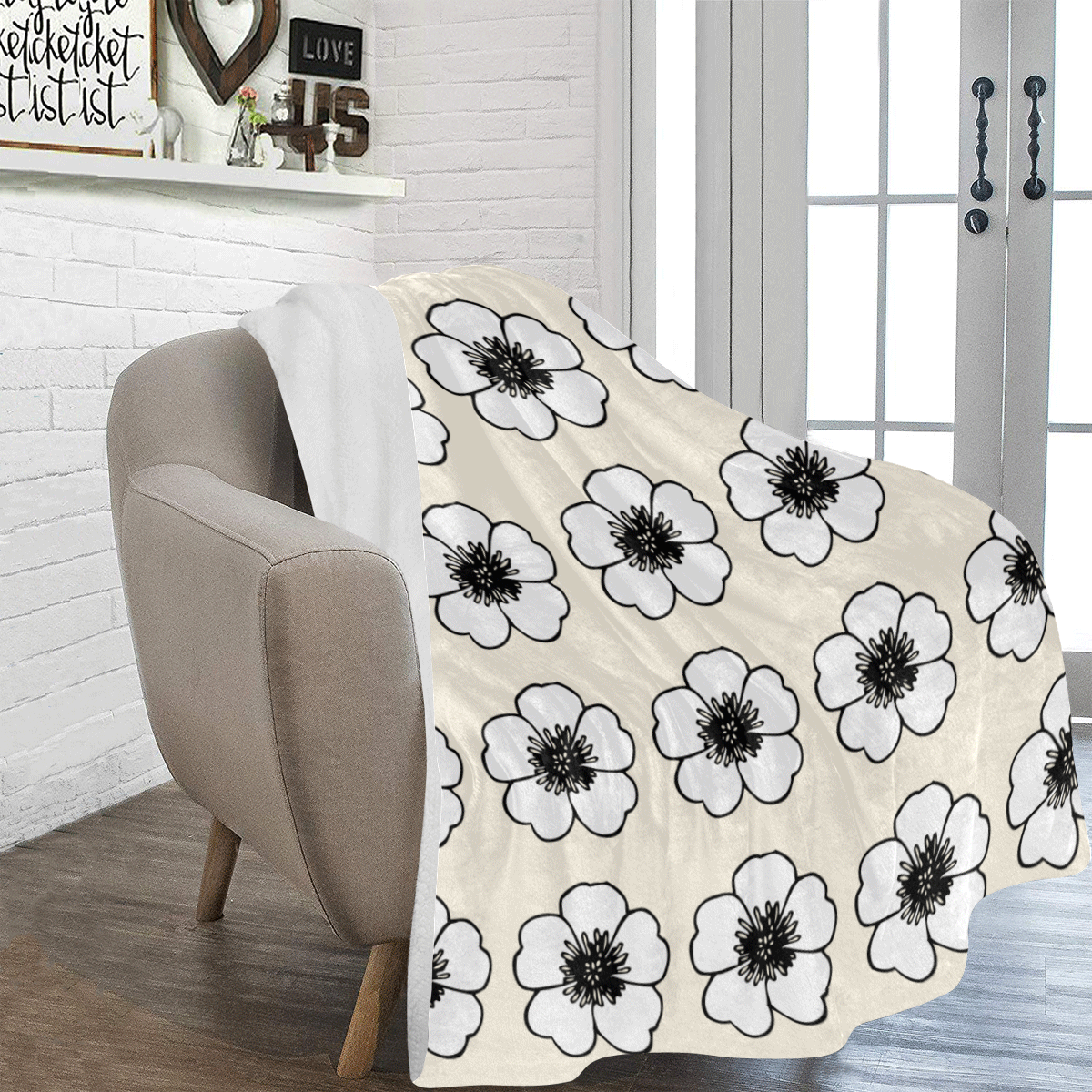 Cottage Flowers Cream White Black Ultra-Soft Micro Fleece Blanket 60"x80"