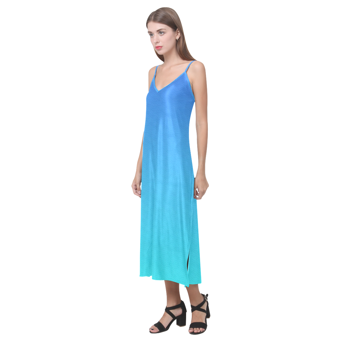 Japanese Blue Waves V-Neck Open Fork Long Dress(Model D18)