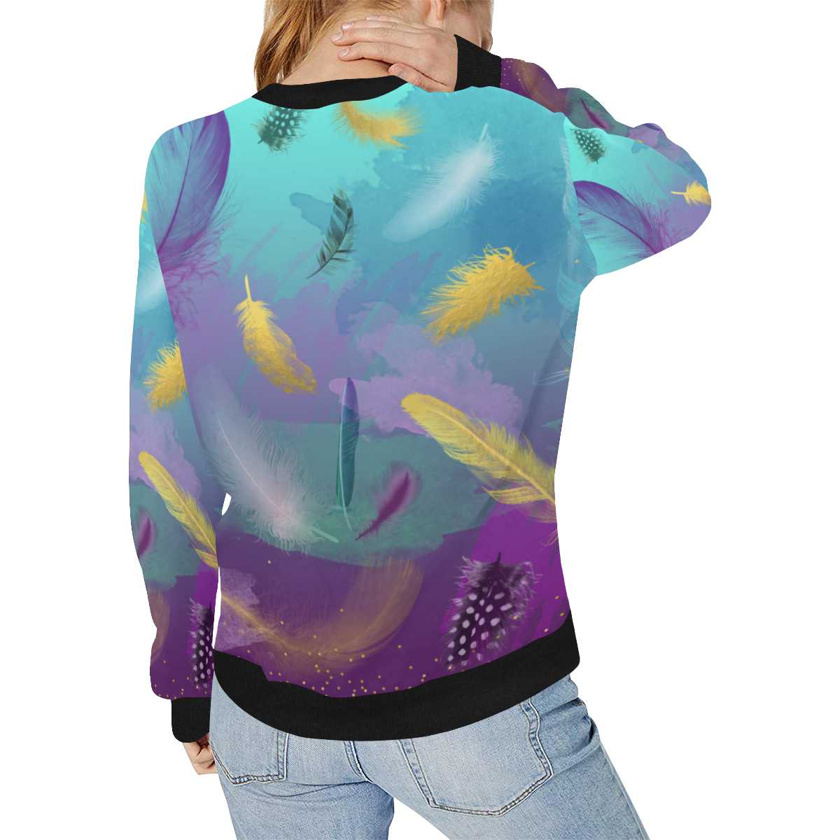 Dancing Feathers - Turquoise and Purple Women's Rib Cuff Crew Neck Sweatshirt (Model H34)